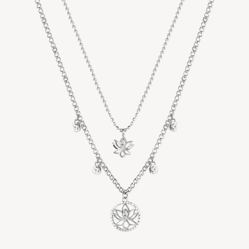 Double-Layer Lotus Crystal Necklace in Stainless Steel