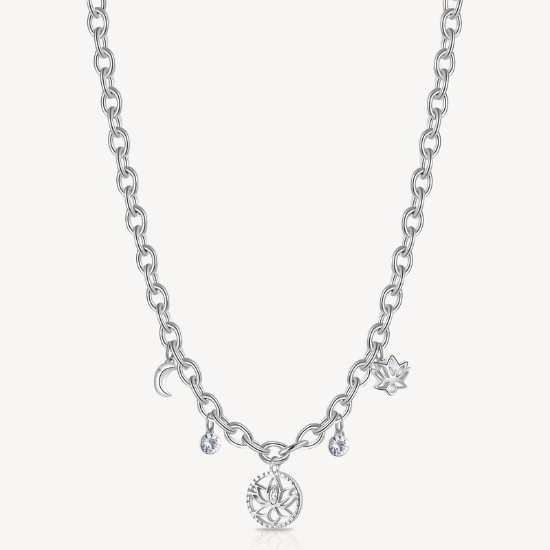 Lotus and Moon Crystal Necklace in Stainless Steel