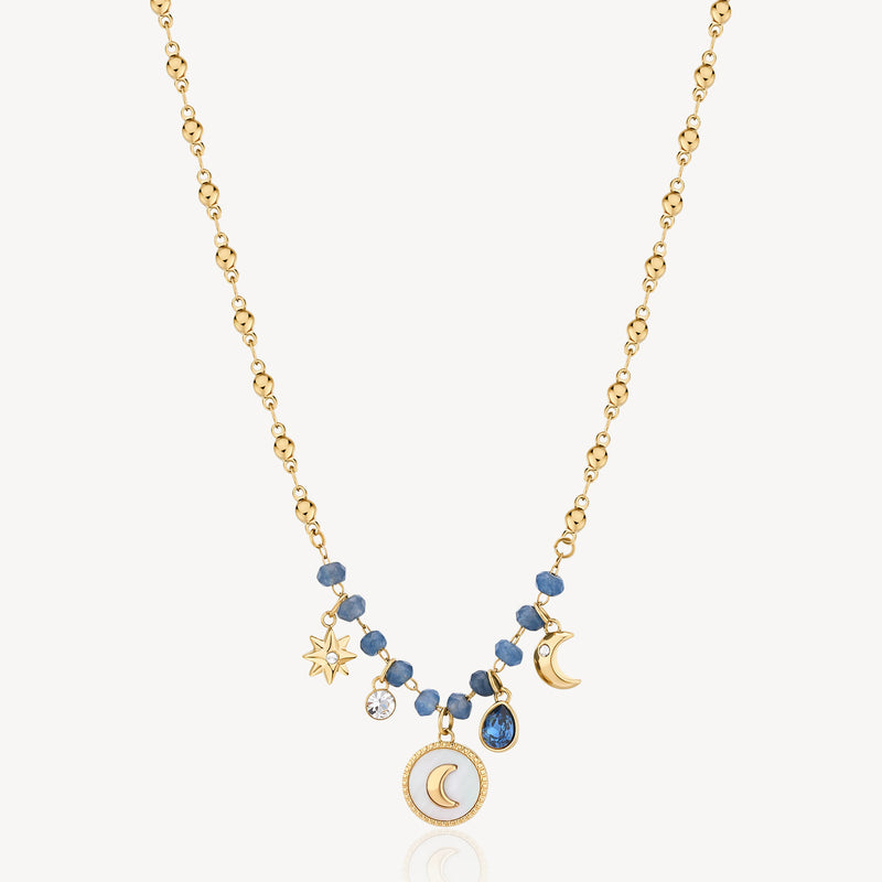 Celestial Charm, Crystal and Chalcedony Necklace in Gold Plated Stainless Steel