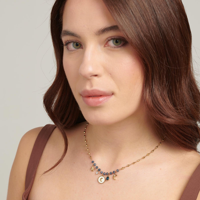 Celestial Charm, Crystal and Chalcedony Necklace in Gold Plated Stainless Steel