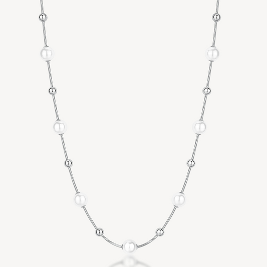 Shell Pearl Station Necklace in Stainless Steel