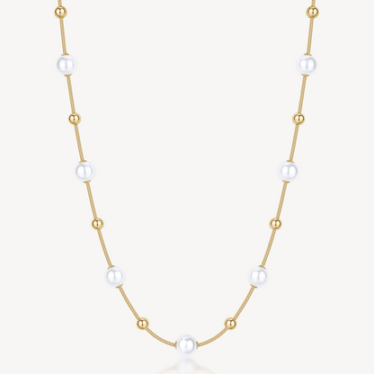 Shell Pearl Station Necklace in Gold Plated Stainless Steel