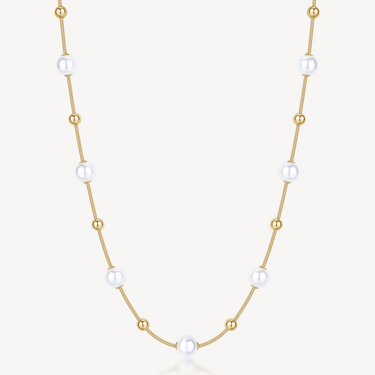 Shell Pearl Station Necklace in Gold Plated Stainless Steel