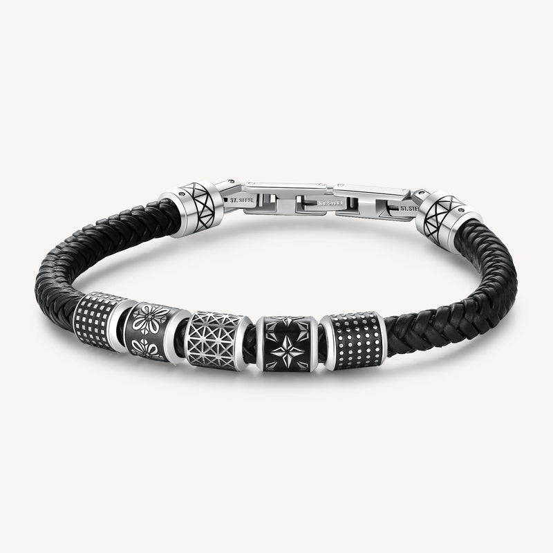 Black Leather Bracelet in Stainless Steel
