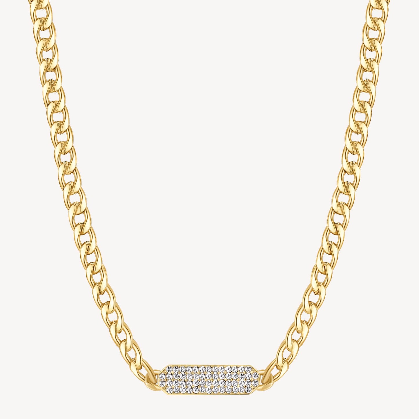 Curb Crystal Bar Necklace in Gold Plated Stainless Steel