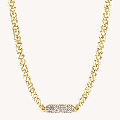 Curb Crystal Bar Necklace in Gold Plated Stainless Steel