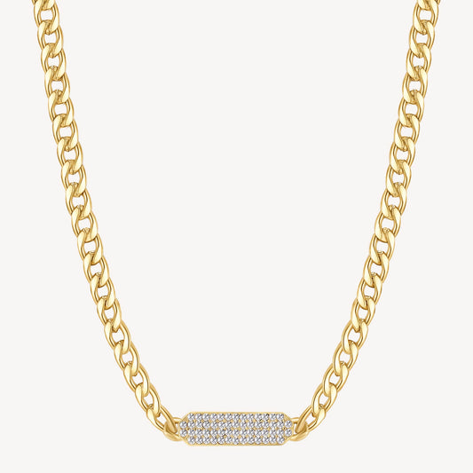 Curb Crystal Bar Necklace in Gold Plated Stainless Steel