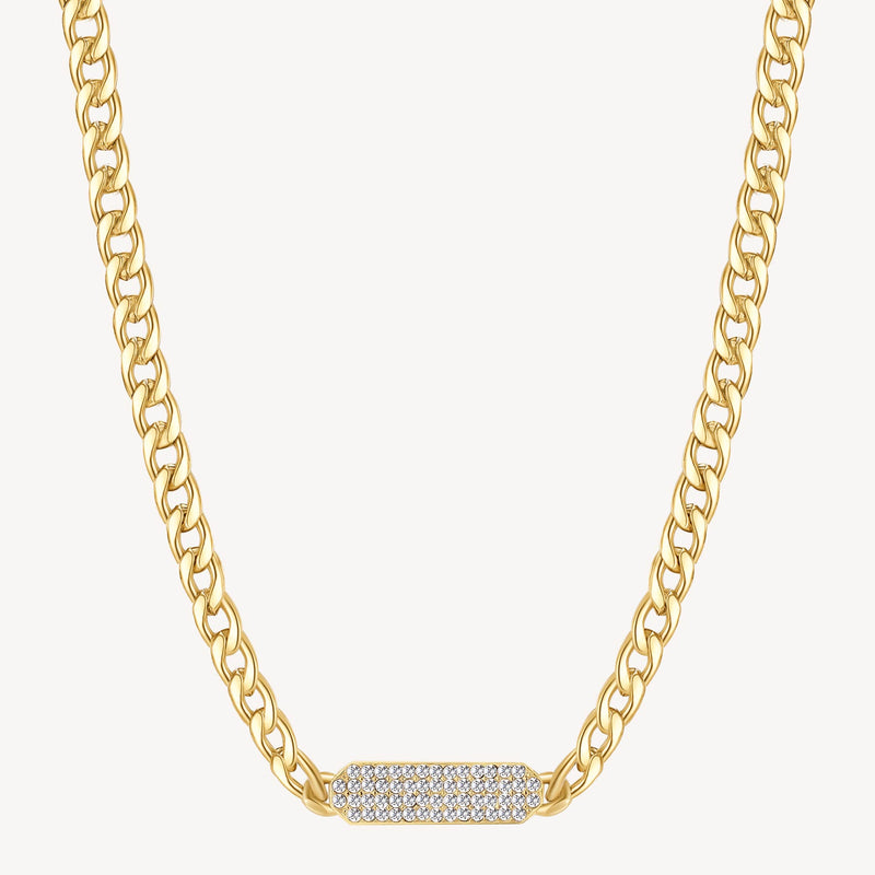 Curb Crystal Bar Necklace in Gold Plated Stainless Steel