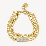 Double-Strand Link and Crystal Bar Bracelet in Gold Plated Stainless Steel