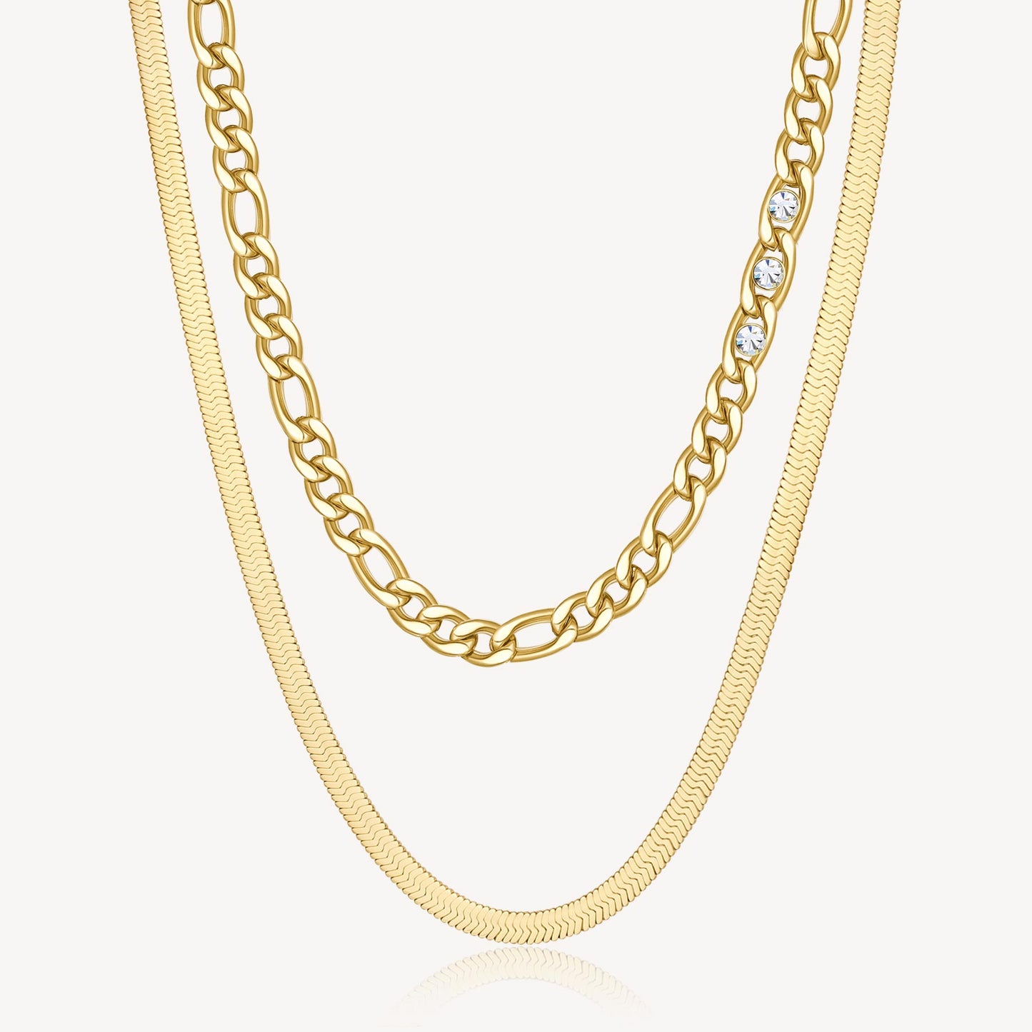 Double-Strand Link Crystal Link and Herringbone Necklace in Gold Plated Stainless Steel