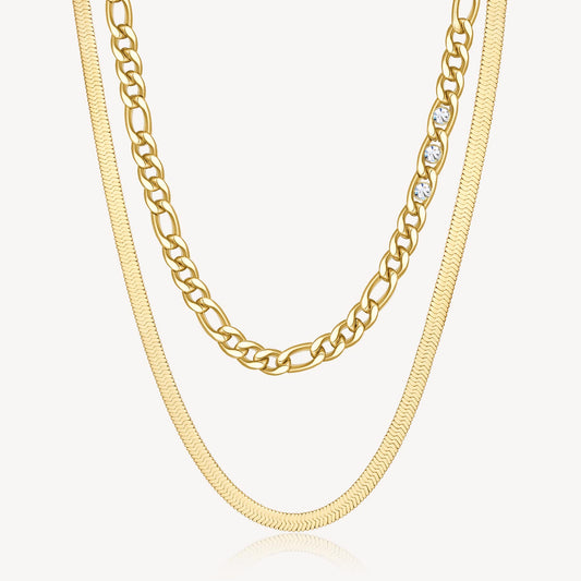 Double-Strand Link Crystal Link and Herringbone Necklace in Gold Plated Stainless Steel