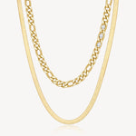 Double-Strand Link Crystal Link and Herringbone Necklace in Gold Plated Stainless Steel
