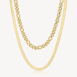 Double-Strand Link Crystal Link and Herringbone Necklace in Gold Plated Stainless Steel
