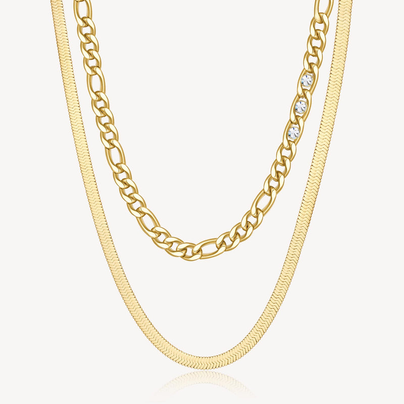 Double-Strand Link Crystal Link and Herringbone Necklace in Gold Plated Stainless Steel