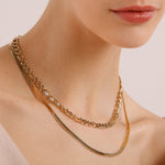 Double-Strand Link Crystal Link and Herringbone Necklace in Gold Plated Stainless Steel