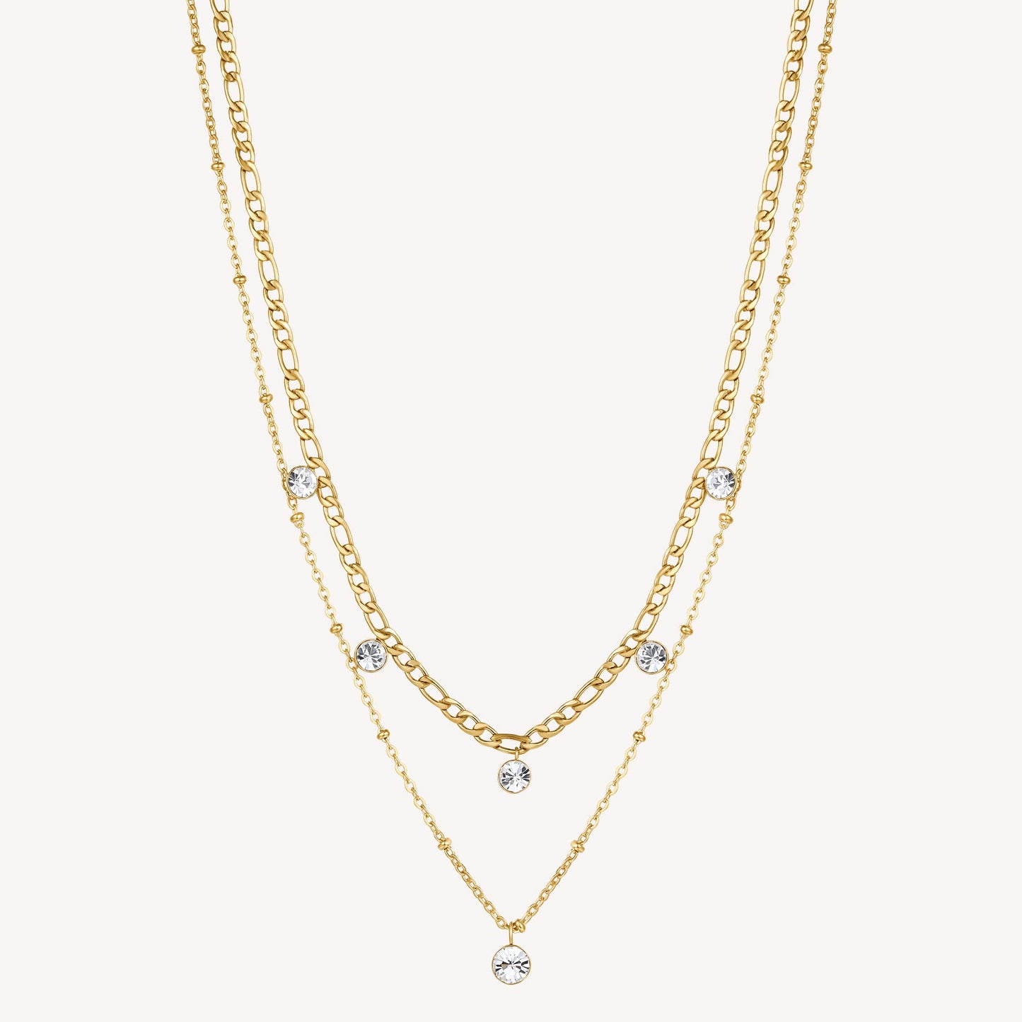 Double Layer Chain Crystal Necklace in Gold Plated Stainless Steel