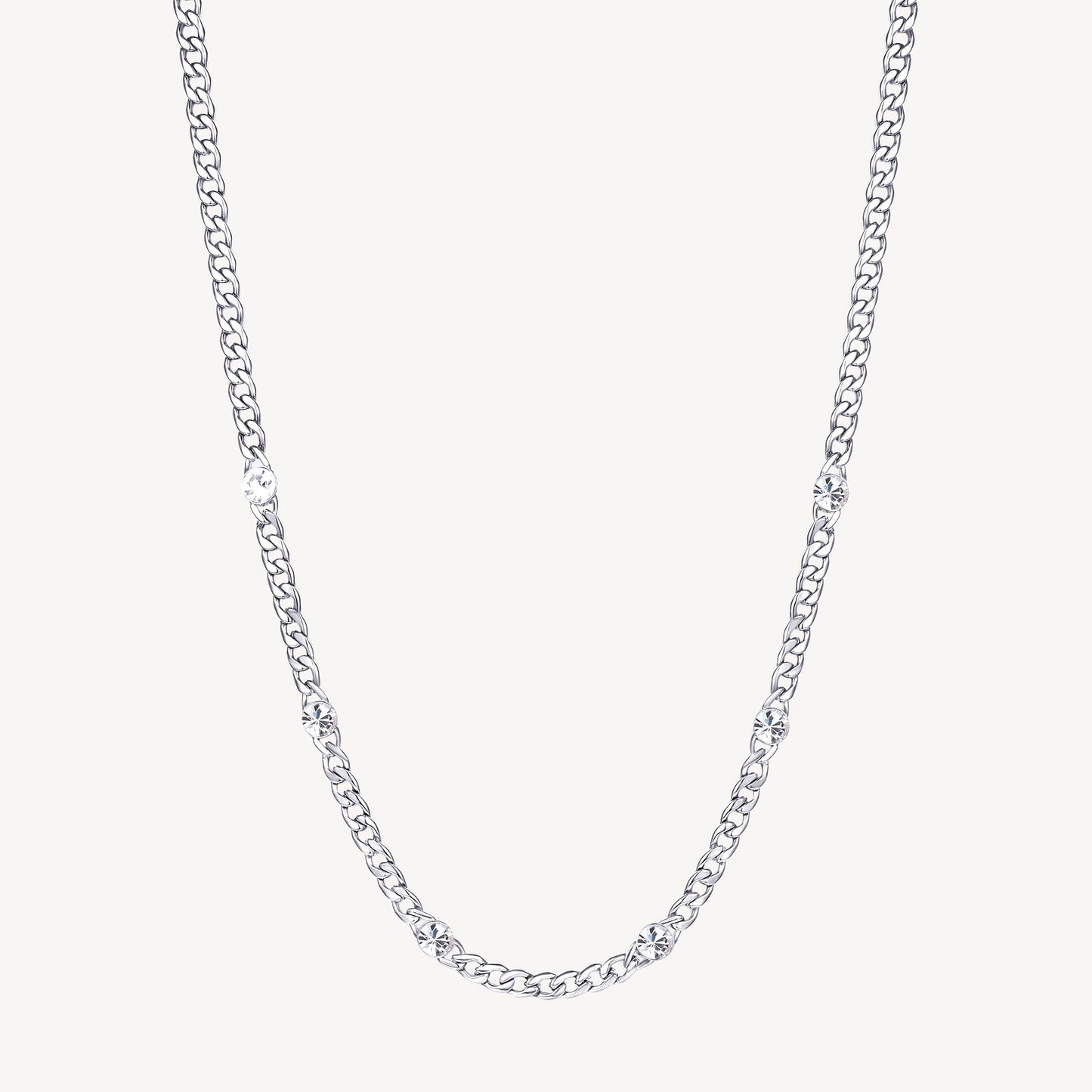 Curb Chain Necklace with Crystal Stations in Stainless Steel