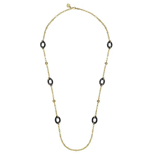 Black Ceramic Station Necklace in 14K Yellow Gold
