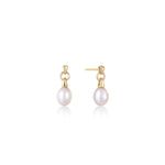 Gold Pearl Drop Stud Earrings in Sterling Silver