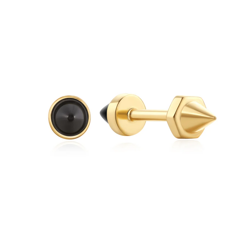 Gold Black Agate Point Barbell Earrings