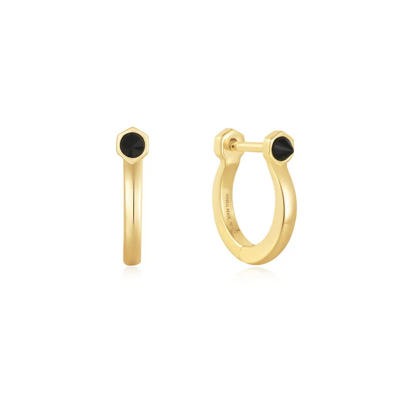 Gold Black Agate Huggie Hoop Earrings