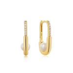 Gold Pearl Interlock Oval Hoop Earrings