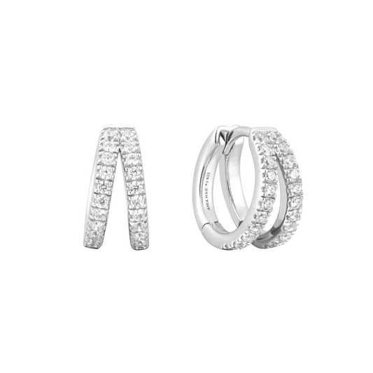 Double Pave Huggie Earrings in Sterling Silver