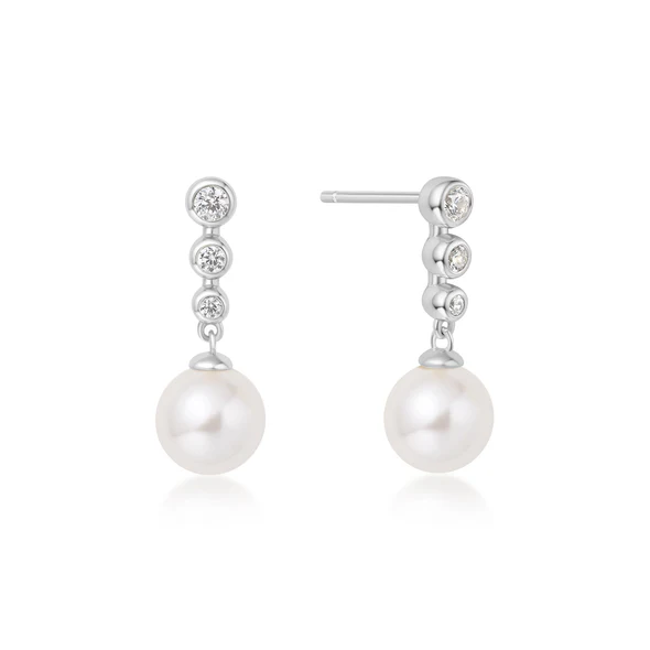 Tennis Beaded Stone Pearl Drop Earrings in Sterling Silver