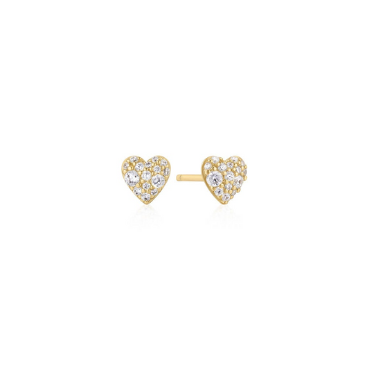 Pave Heart Stud Earrings in Gold Plated Sterling Silver