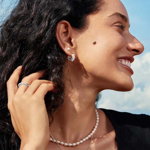 Sparkling Shell Pearl Row Huggie Hoops in Sterling Silver