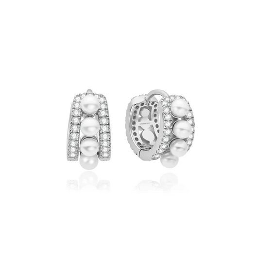 Sparkling Shell Pearl Row Huggie Hoops in Sterling Silver