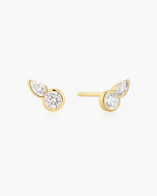 Bezel Round & Teardrop Stud Earrings in Gold Plated Sterling Silver