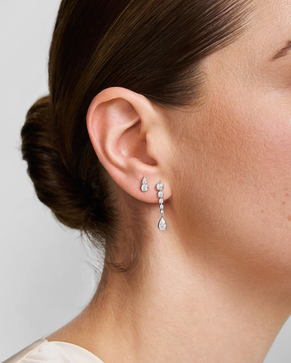 Bezel Round & Teardrop Stud Earrings in Sterling Silver