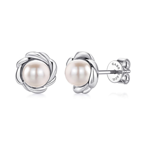 Pearl Floral Stud Earrings in Sterling Silver