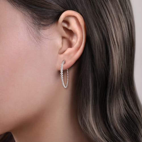 White Sapphire Beaded Hoop Earrings in Sterling Silver