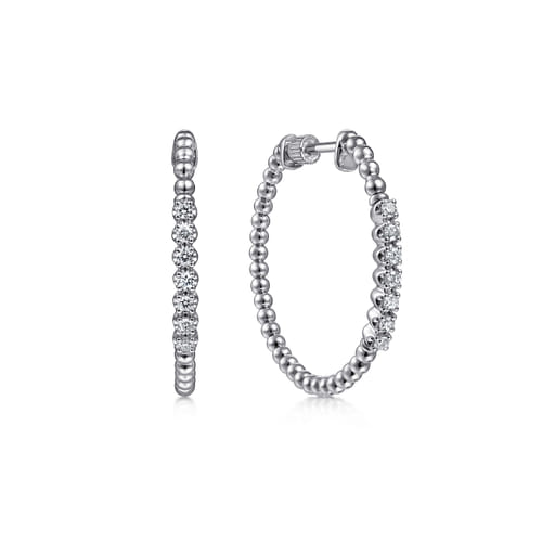 White Sapphire Beaded Hoop Earrings in Sterling Silver