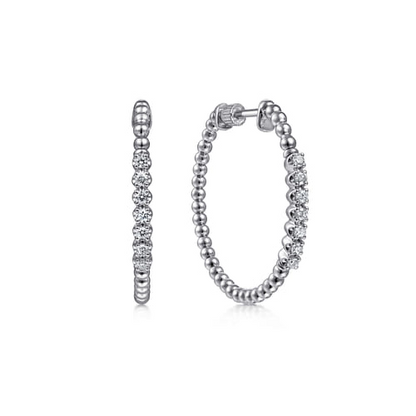 White Sapphire Beaded Hoop Earrings in Sterling Silver