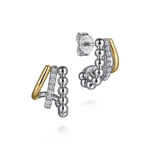 White Sapphire J Hoop Earrings in Sterling Silver & 14K Yellow Gold