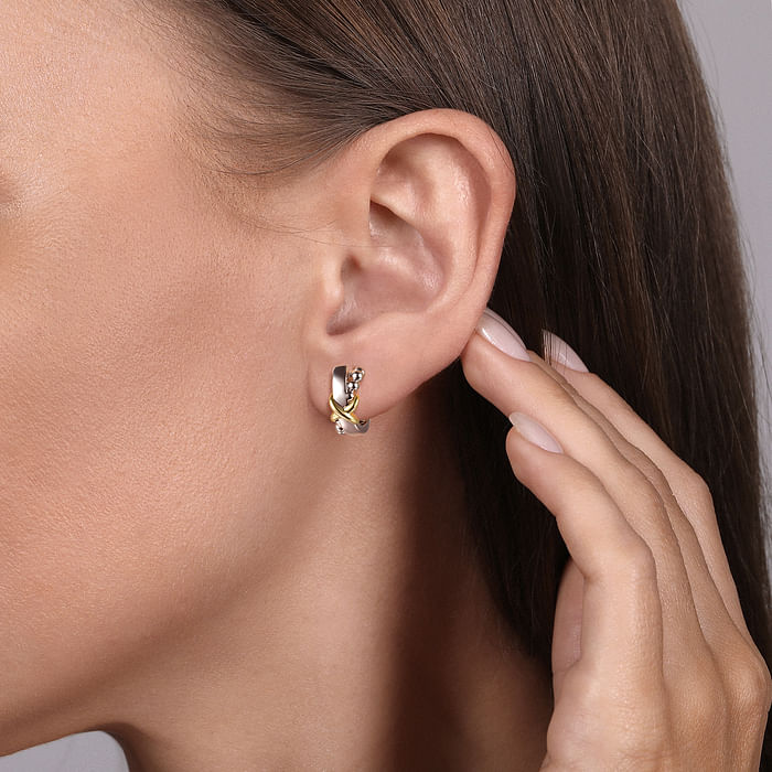 X Style Hoop Earrings in 14K Yellow Gold & Sterling SIlver