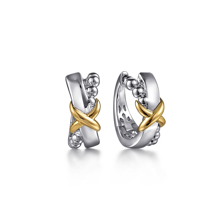 X Style Hoop Earrings in 14K Yellow Gold & Sterling SIlver