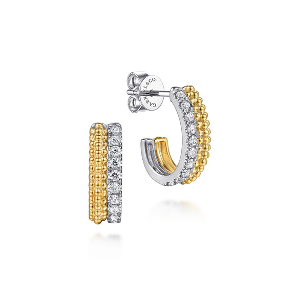 Diamond Stacked J-Hoop Earrings in 14K Two Tone Gold