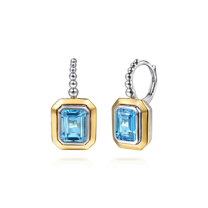 Blue Topaz Drop Earrings in Sterling Silver and Yellow Gold