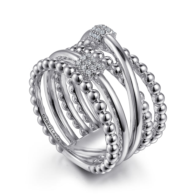 White Sapphire  Rhondel Stacked Band in Sterling Silver
