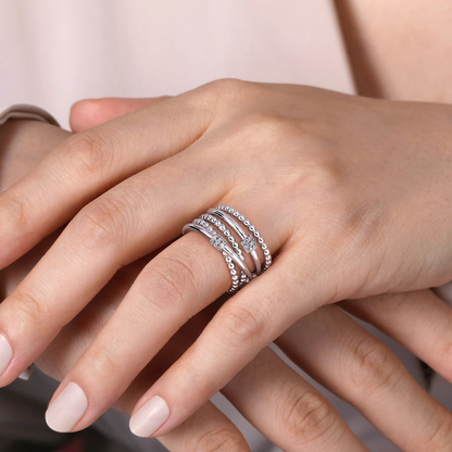 White Sapphire  Rhondel Stacked Band in Sterling Silver