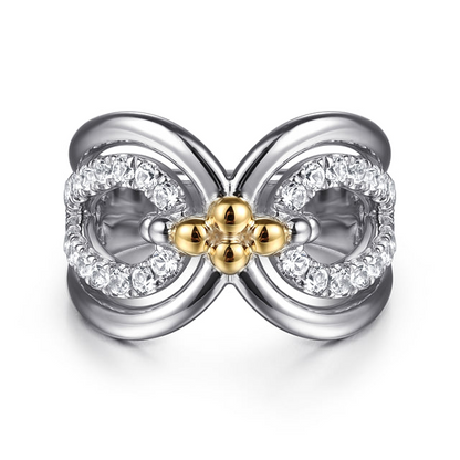White Sapphire Link Band in Sterling Silver & 14K Yellow Gold