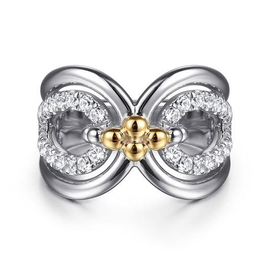 White Sapphire Link Band in Sterling Silver & 14K Yellow Gold