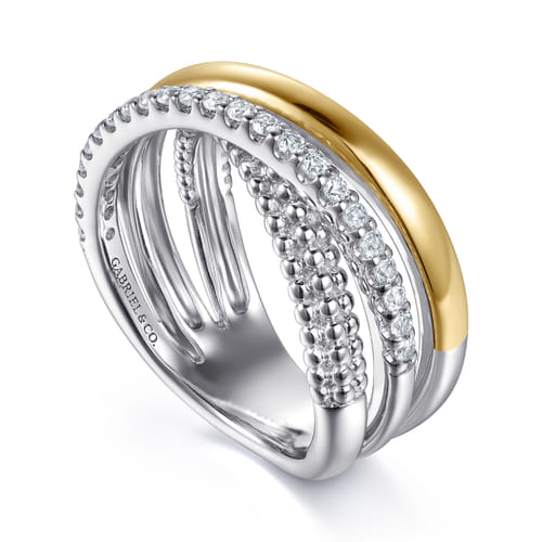 White Sapphire Beaded Cross-Over Band in Sterling Silver & 14K Yellow Gold