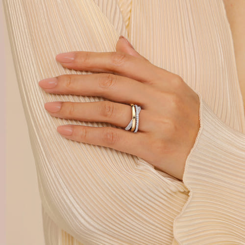 White Sapphire Beaded Cross-Over Band in Sterling Silver & 14K Yellow Gold