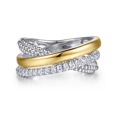 White Sapphire Beaded Cross-Over Band in Sterling Silver & 14K Yellow Gold