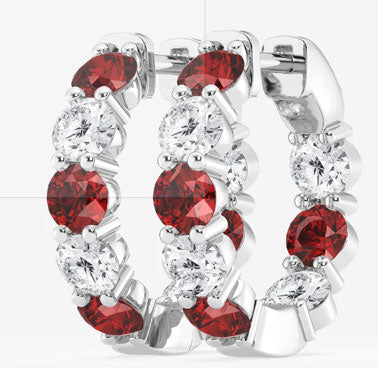 Grown Ruby & Diamond Hoop Earrings in 14K White Gold